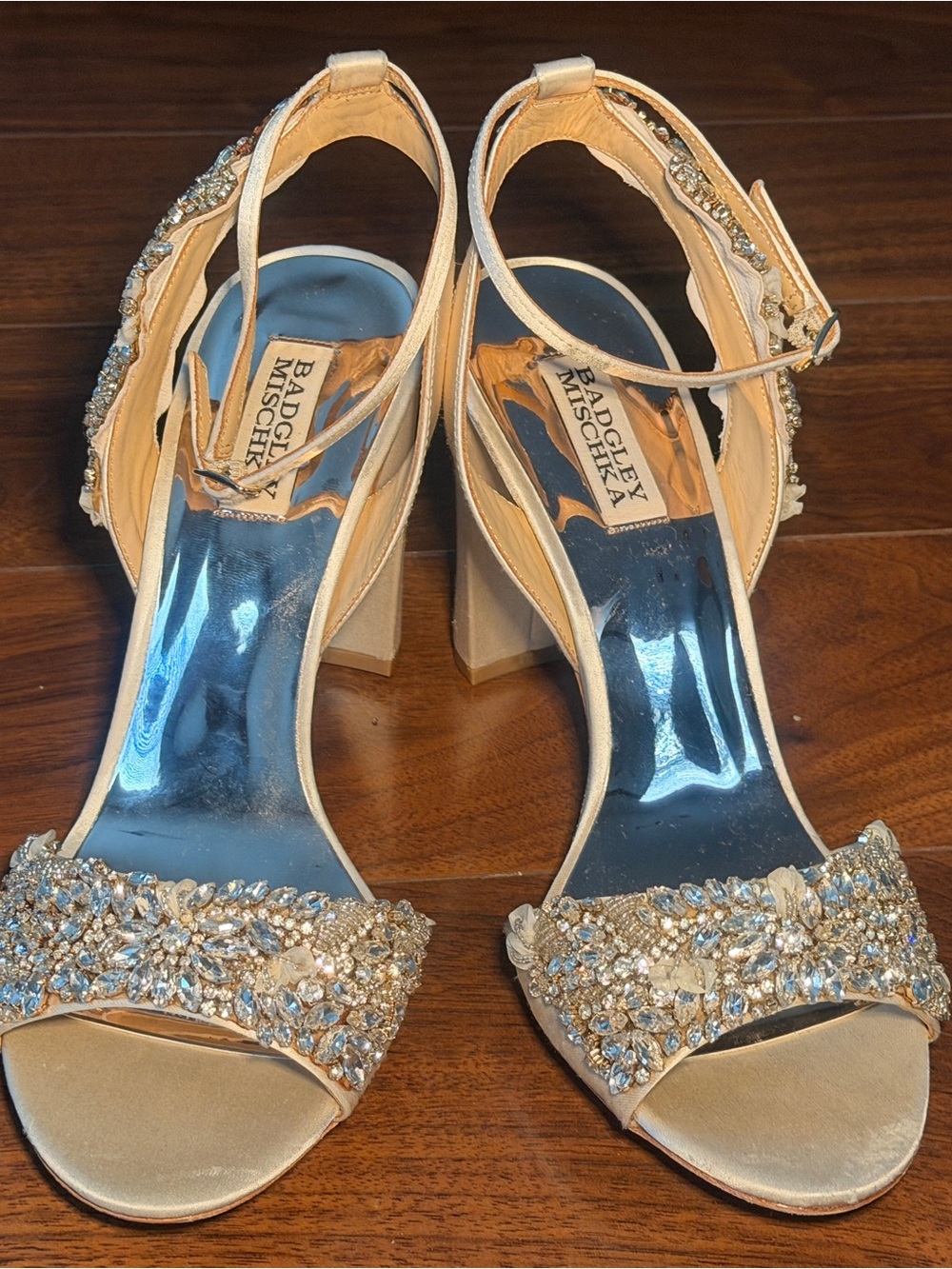 Badgley Mischka Champagne Crystal Embellished Block Heels